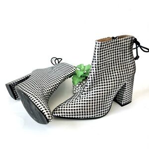 Anthropologie Metallic Check Pointed Toe Ankle Boot Silver Black Block Heel 36